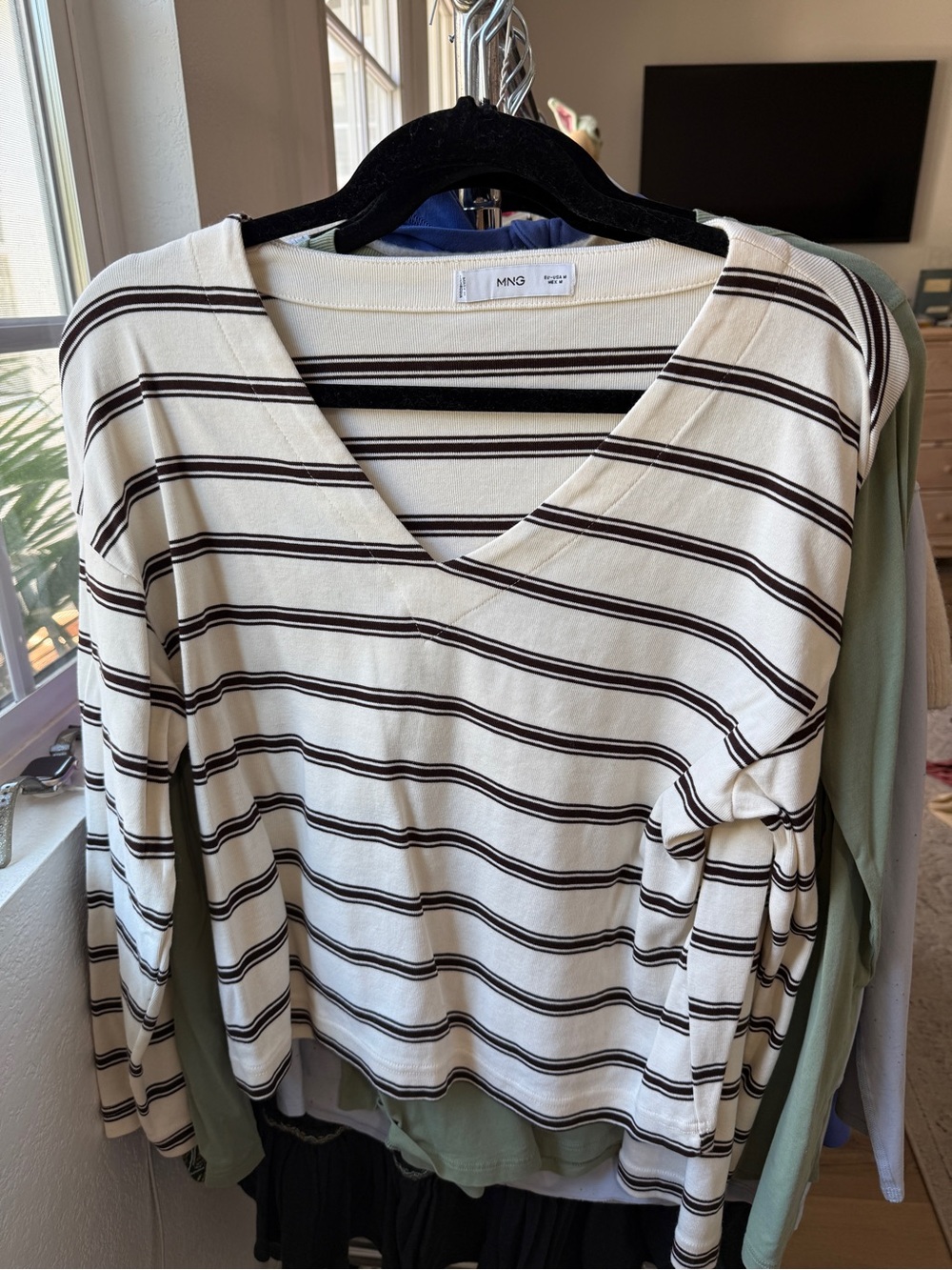 Mango Cream and Black Striped V-Neck Long Sleeve Top